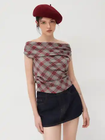 Off-shoulder Tartan Rüschen Crop Top