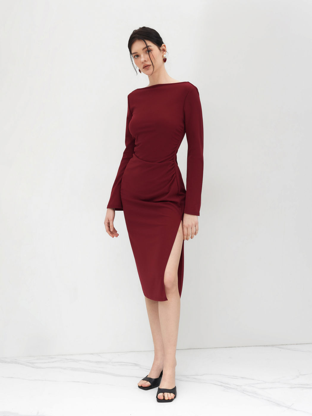 Boat Neck Ruched Bell Sleeve Maxi Dress
