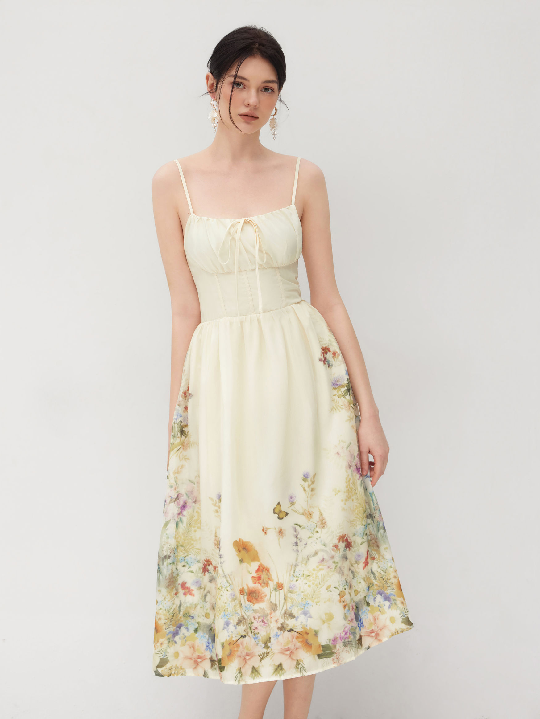 Square Neck Floral Shirred Midi Dress