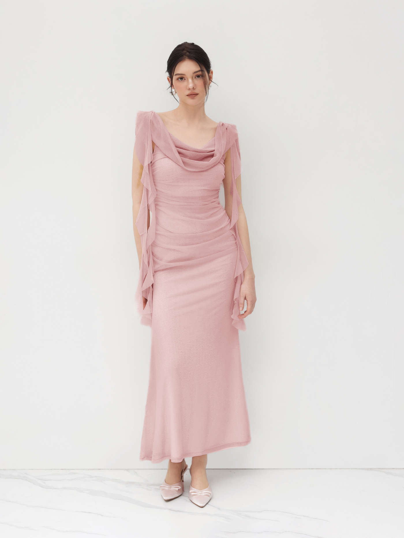 Formal Dresses Mesh Cowl Neck Solid Ruffle Hem Ruched Maxi Dress For Wedding