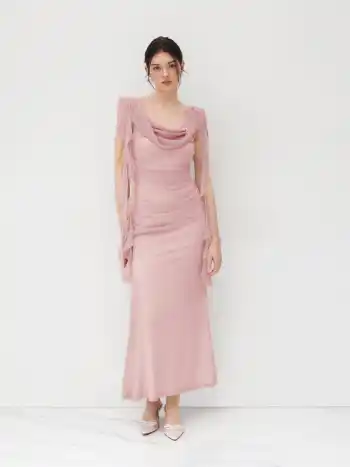 Cowl Neck Solid Ruffle Hem Ruched Maxi Dress