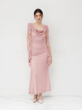Maxikleid mit Kragenhals, einfarbigem Stoff, Rüschensaum und Knopfleisten