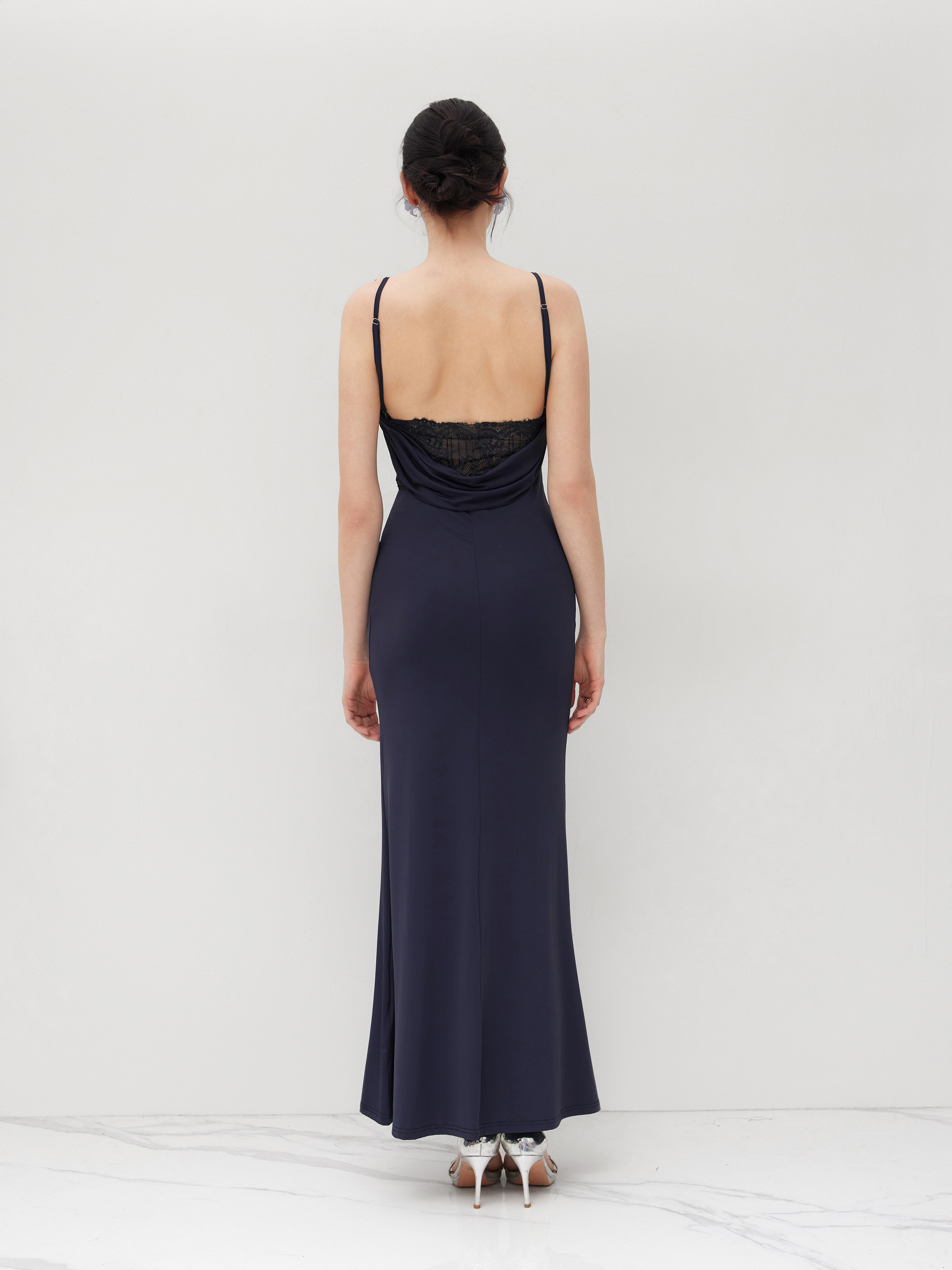 Bridesmaid Dress Knit Fabric Cowl Neck Ruched Backless Maxi