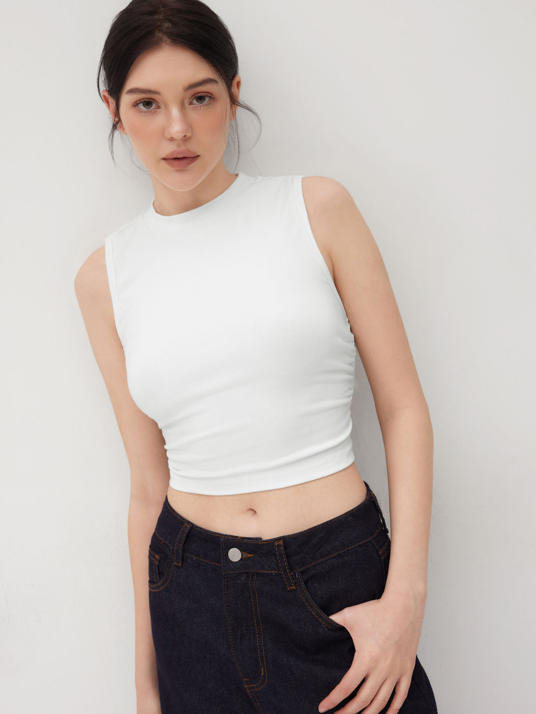 2er-Pack Rundhals Einfarbig Gerafftes Crop Tank Top