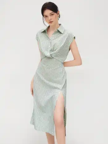 Robe chemise mi-longue à rayures en coton mélangé