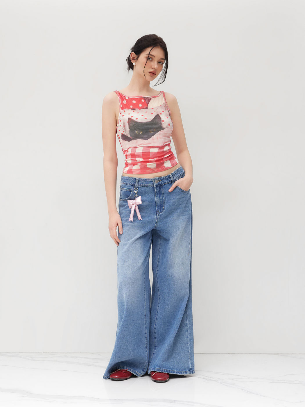 Baumwollmischung Katzenmuster Gingham Rüschen Tanktop