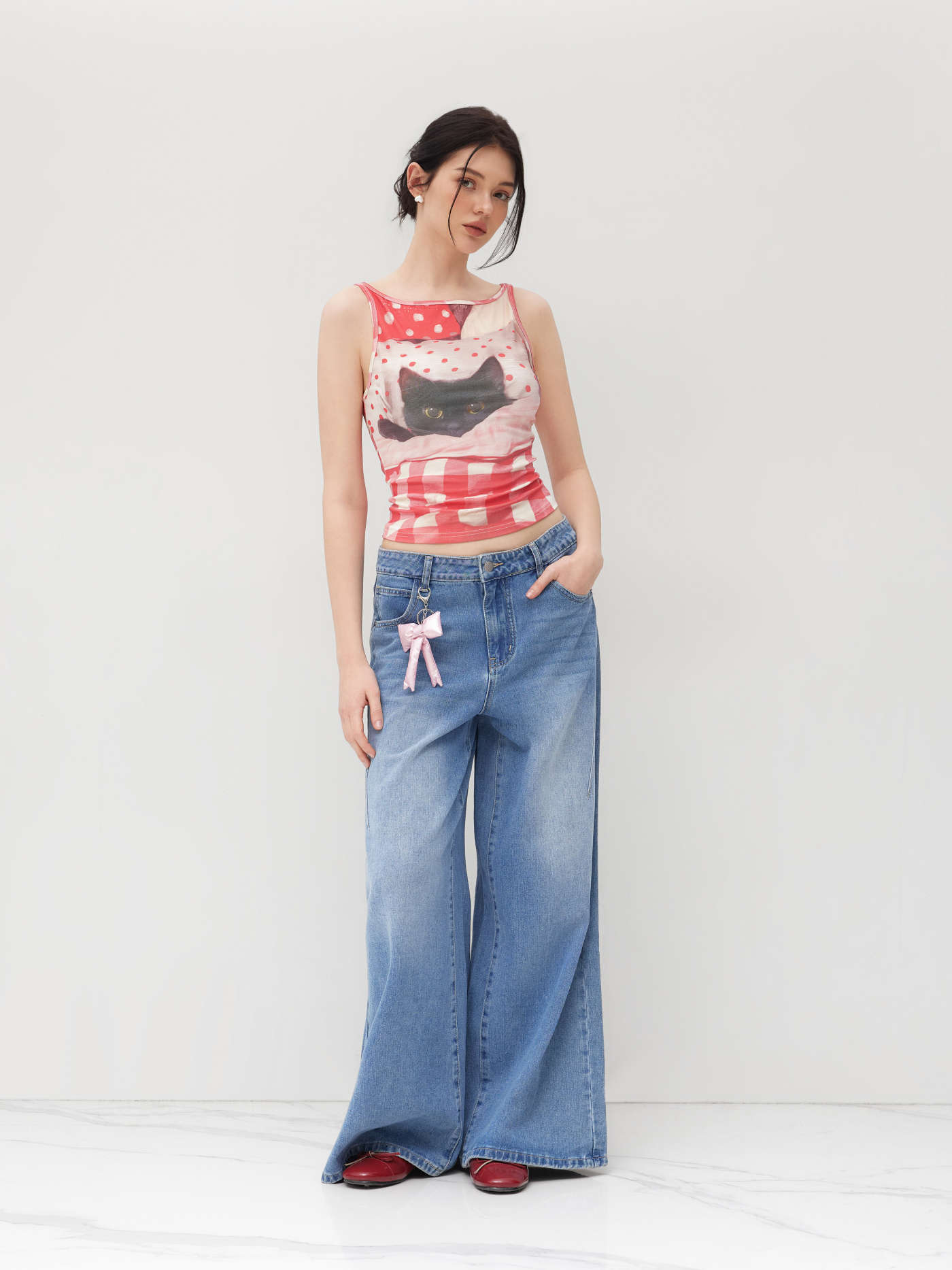 Cotton-blend Cat Graphic Gingham Ruched Tank Top