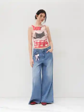 Baumwollmischung Katzenmuster Gingham Rüschen Tanktop