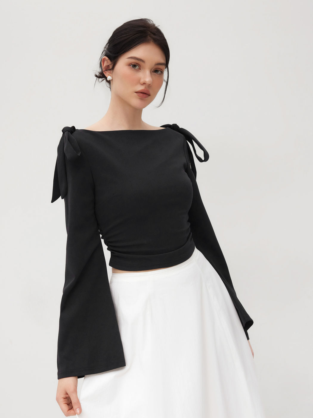 Boat Neck Bowknot Ruched Long Sleeve Top