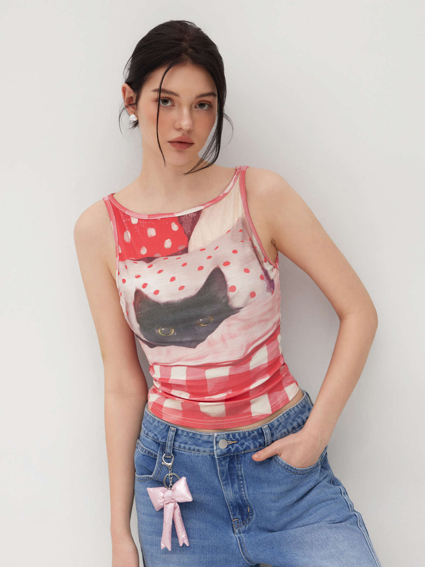 Cotton-blend Cat Graphic Gingham Ruched Tank Top