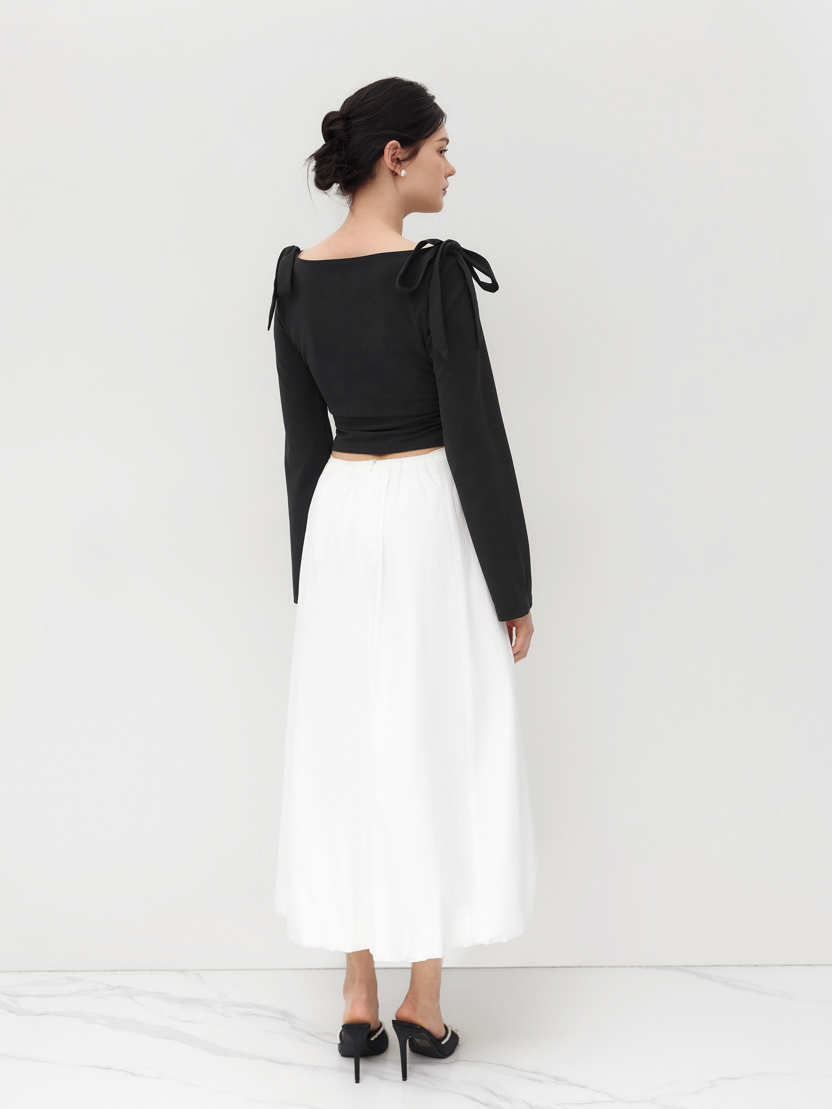 Boat Neck Bowknot Ruched Long Sleeve Top