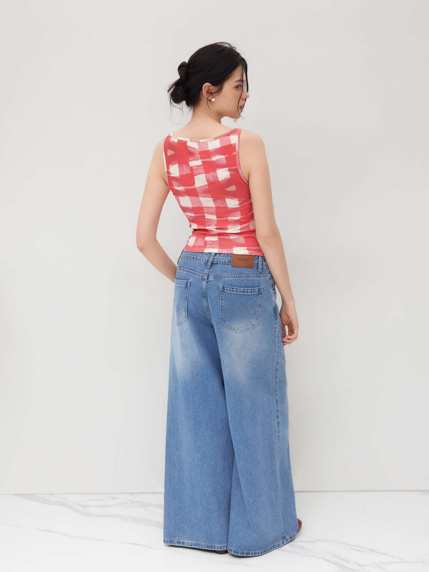 Cotton-blend Cat Graphic Gingham Ruched Tank Top