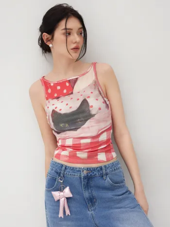 Baumwollmischung Katzenmuster Gingham Rüschen Tanktop