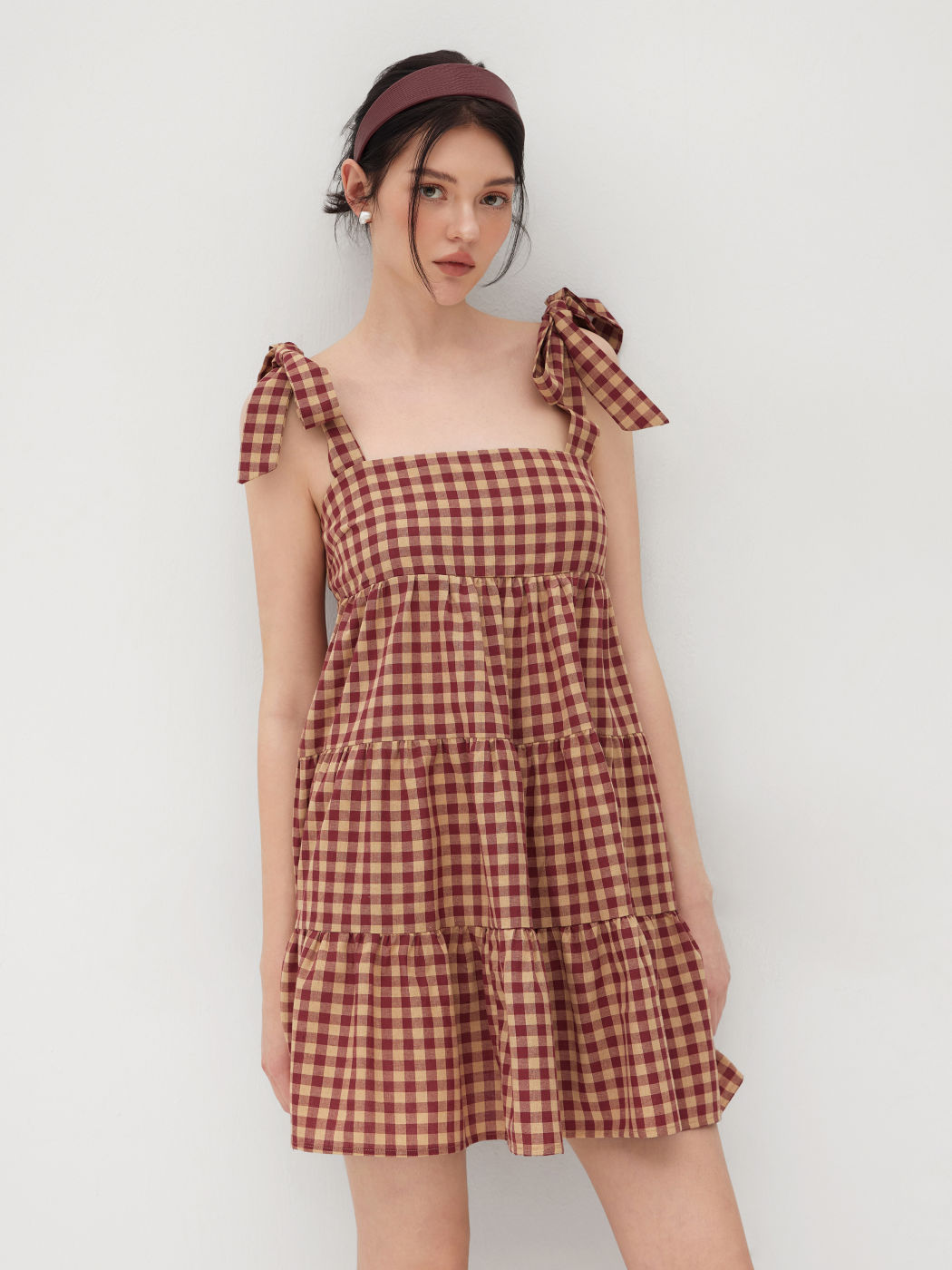 Cotton-blend Gingham Bowknot Tiered Ruffle Mini Dress