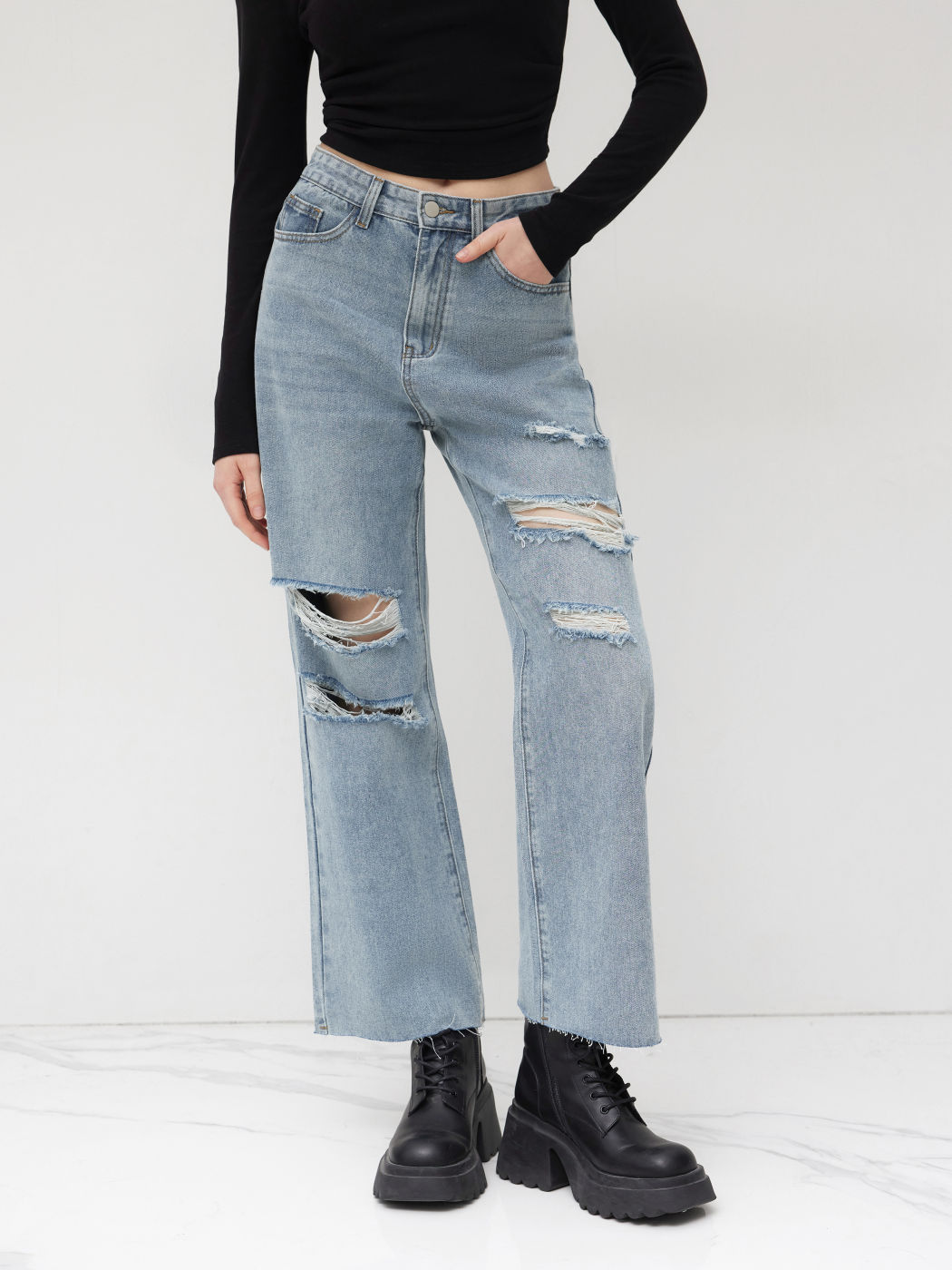 Petite High Waist Ripped Straight Leg Jeans