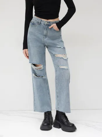 Petite High Waist Ripped Straight Leg Jeans