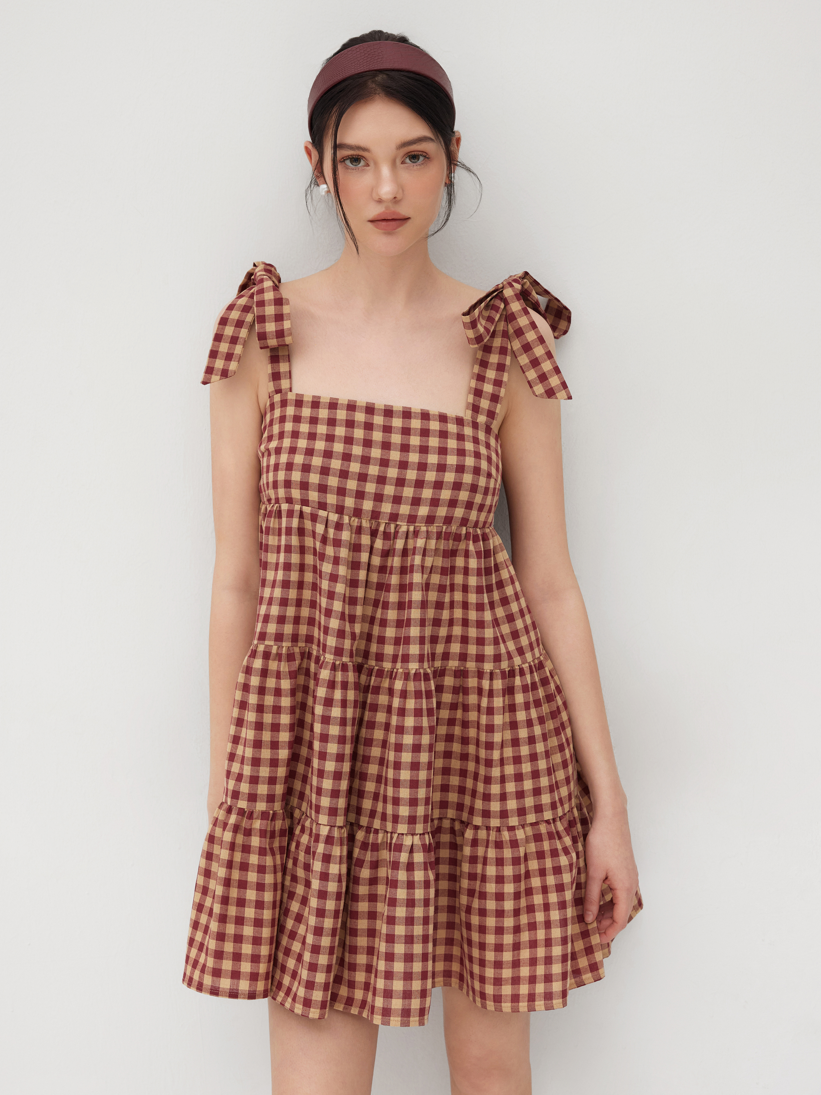 Woven Cotton-blend Gingham Bowknot Tiered Ruffle Mini Dress