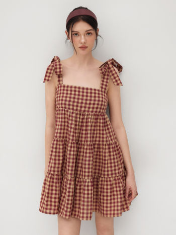 Cotton-blend Gingham Bowknot Tiered Ruffle Mini Dress