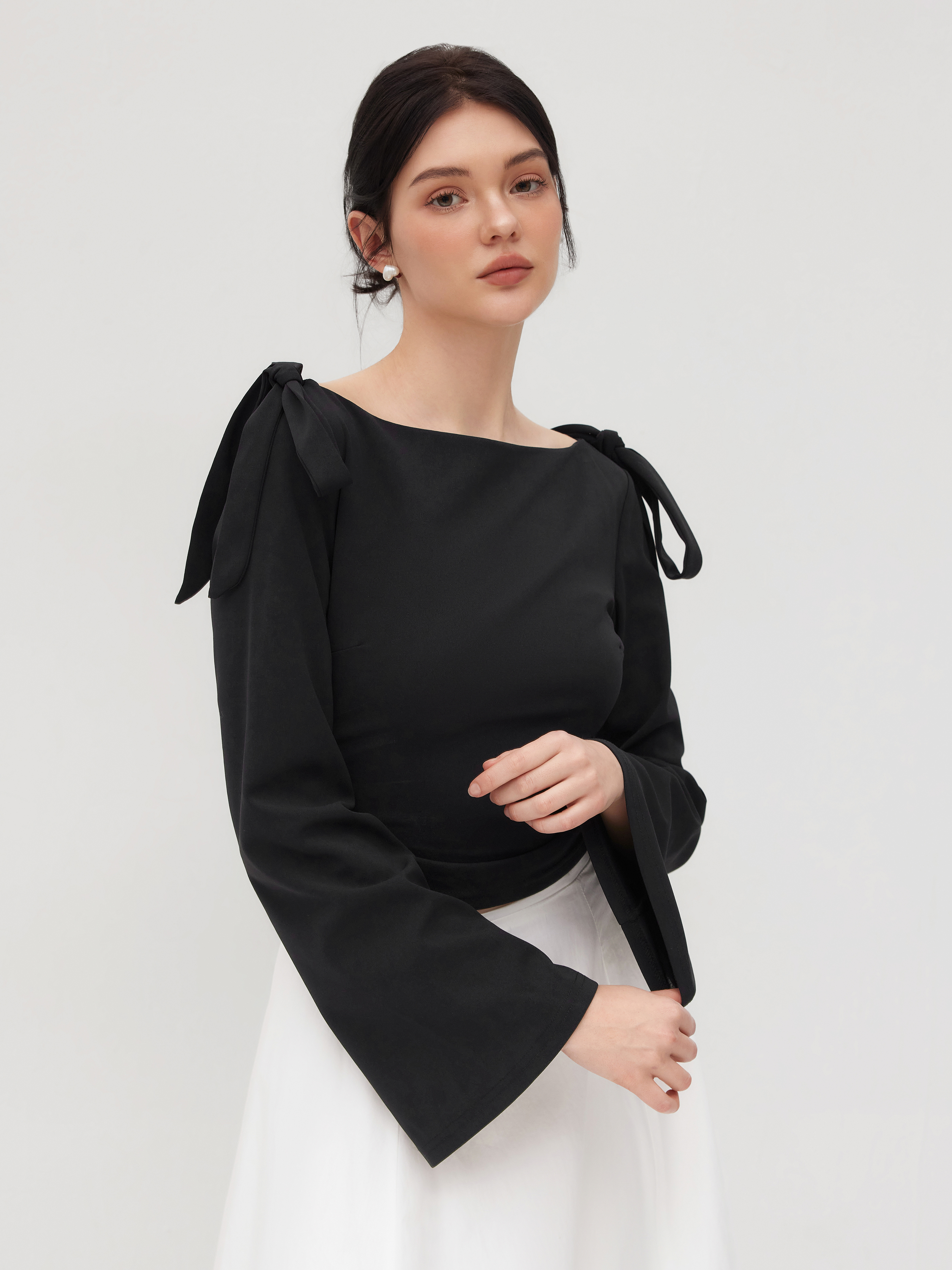 Boat Neck Bowknot Ruched Long Sleeve Top
