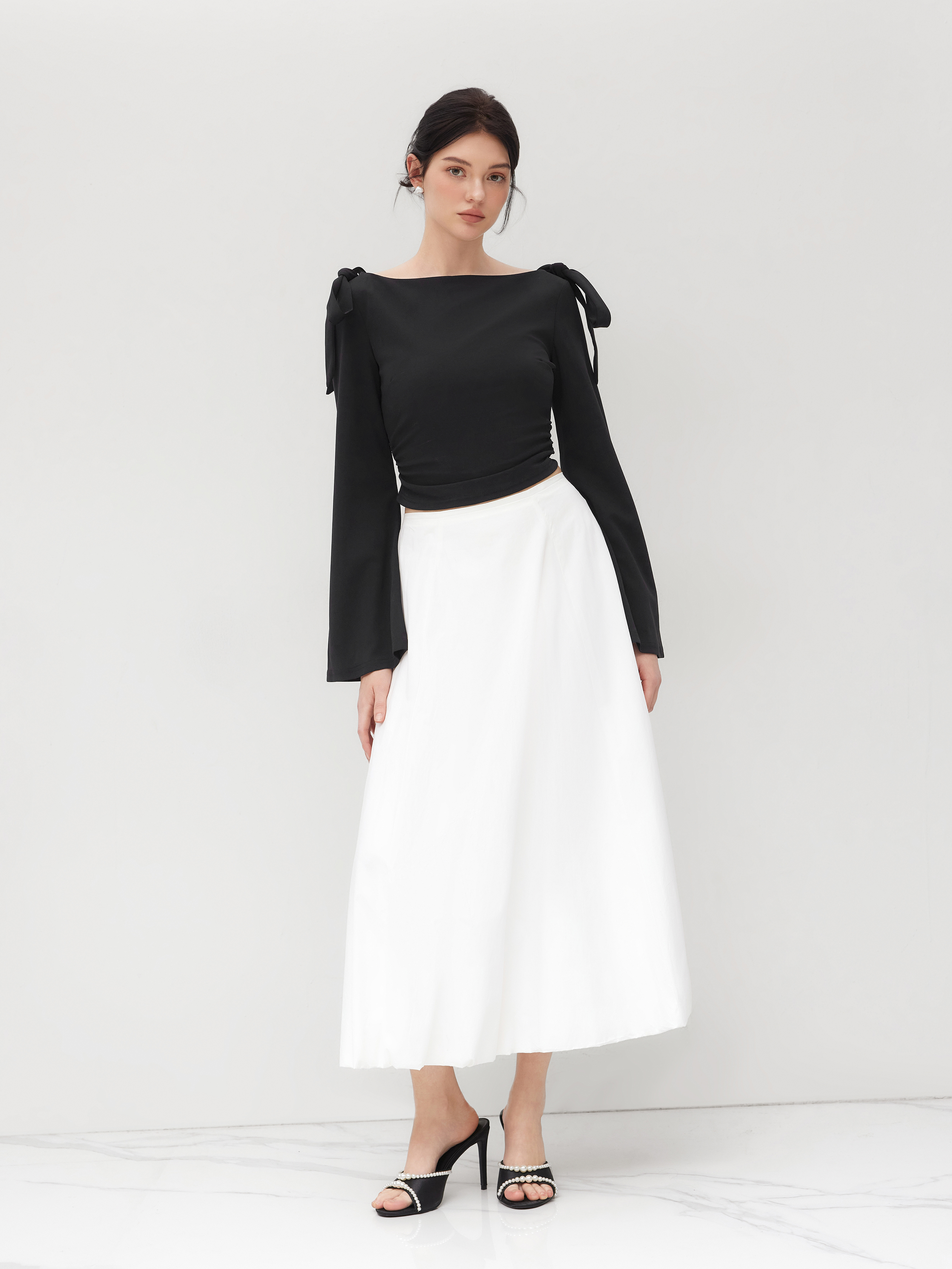 Boat Neck Bowknot Ruched Long Sleeve Top