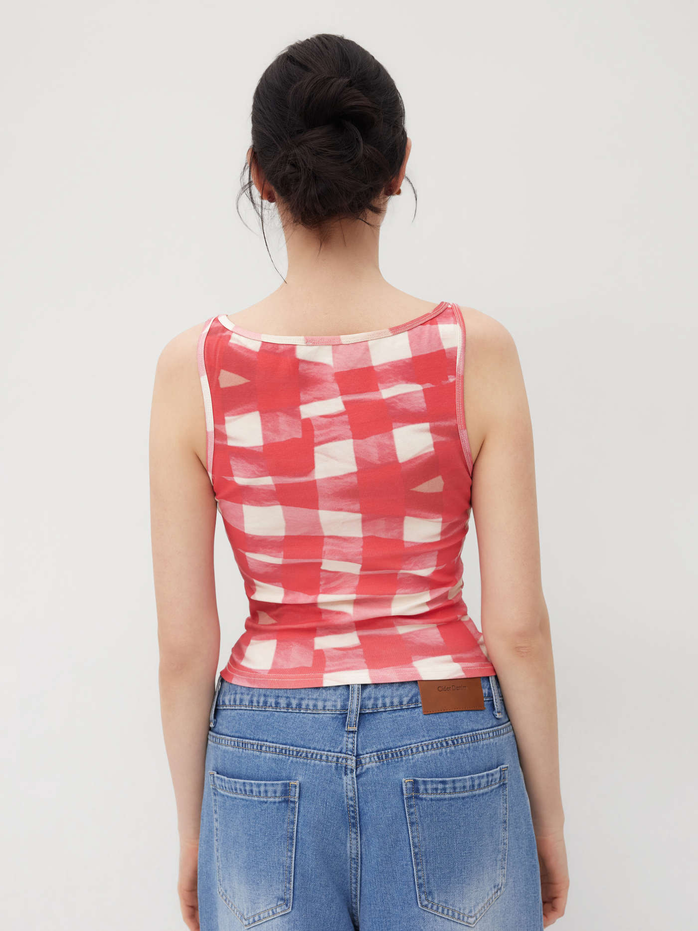 Cotton-blend Cat Graphic Gingham Ruched Tank Top