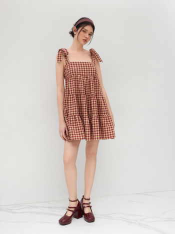 Cotton-blend Gingham Bowknot Tiered Ruffle Mini Dress