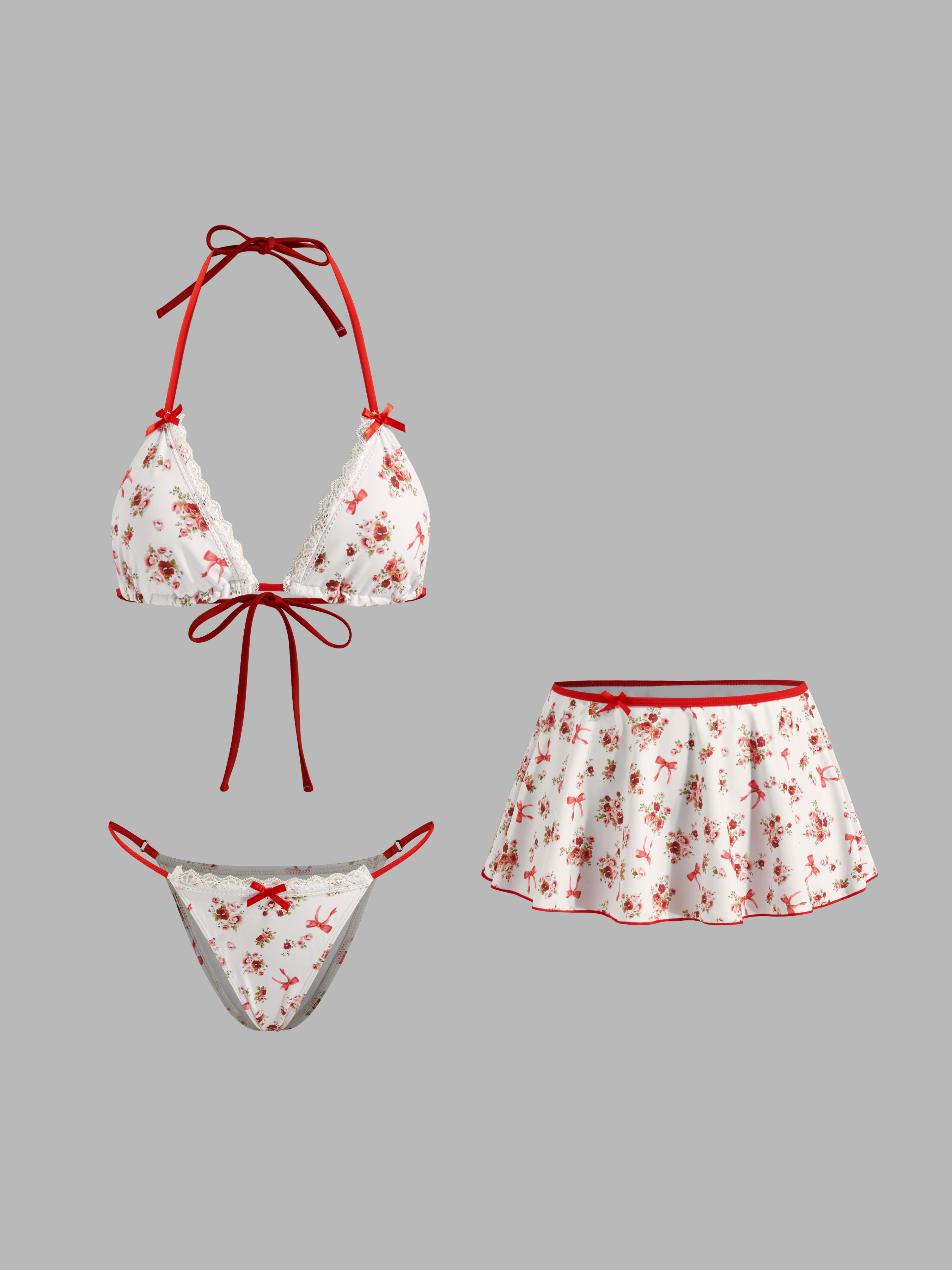 Ensemble Bikini en V avec Fleurs et Nœud Papillon + Jupe de Plage
