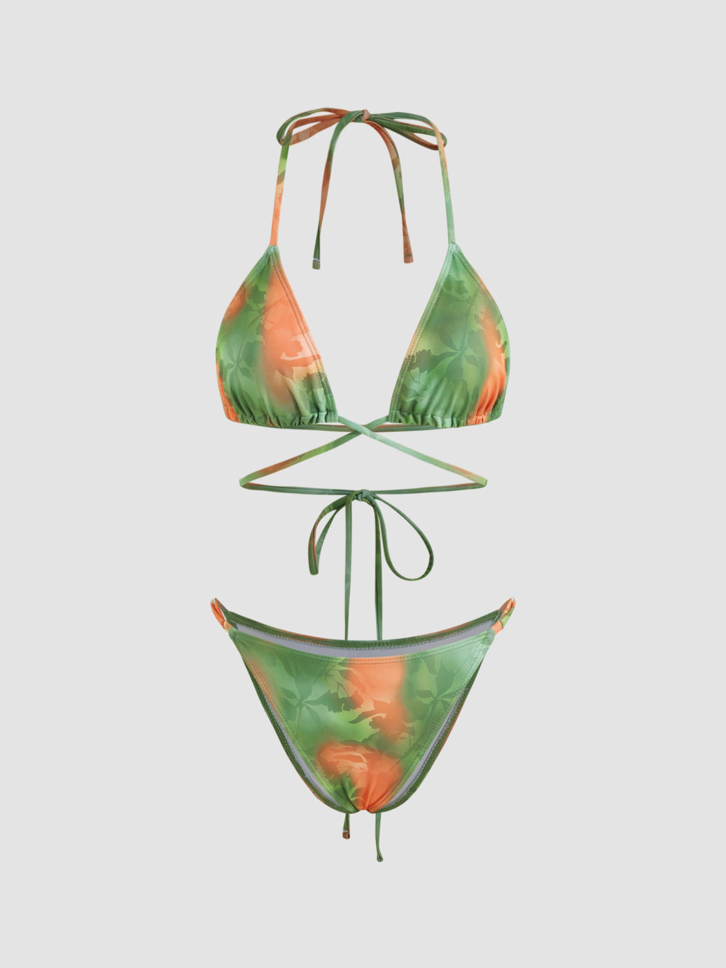 Halter Neckline Leaf Knotted Triangle Thong Bikini Set With Cover Up Skirt