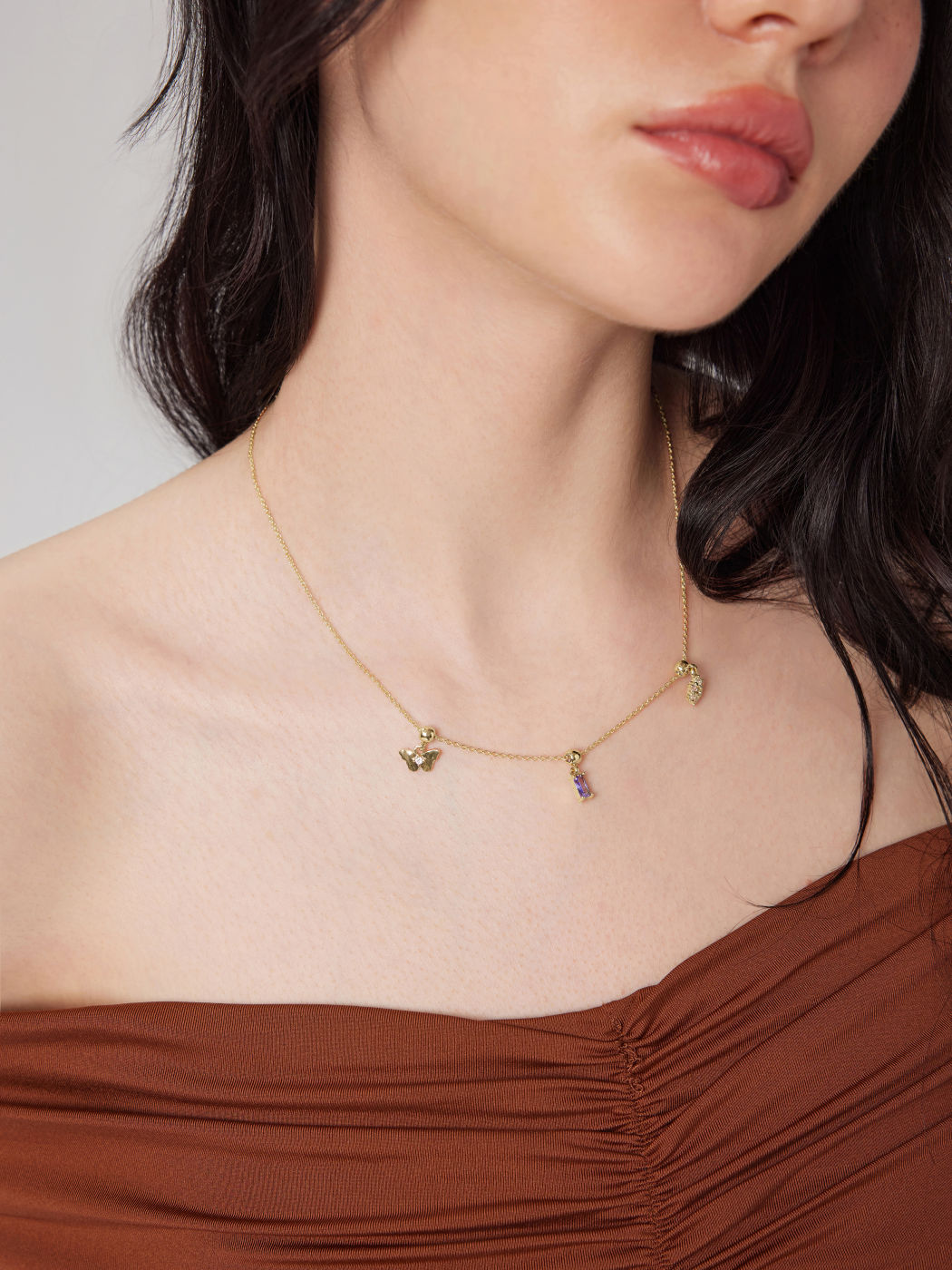 BUTTERFLY & GEMSTONE & FLOWER PENDANT NECKLACE