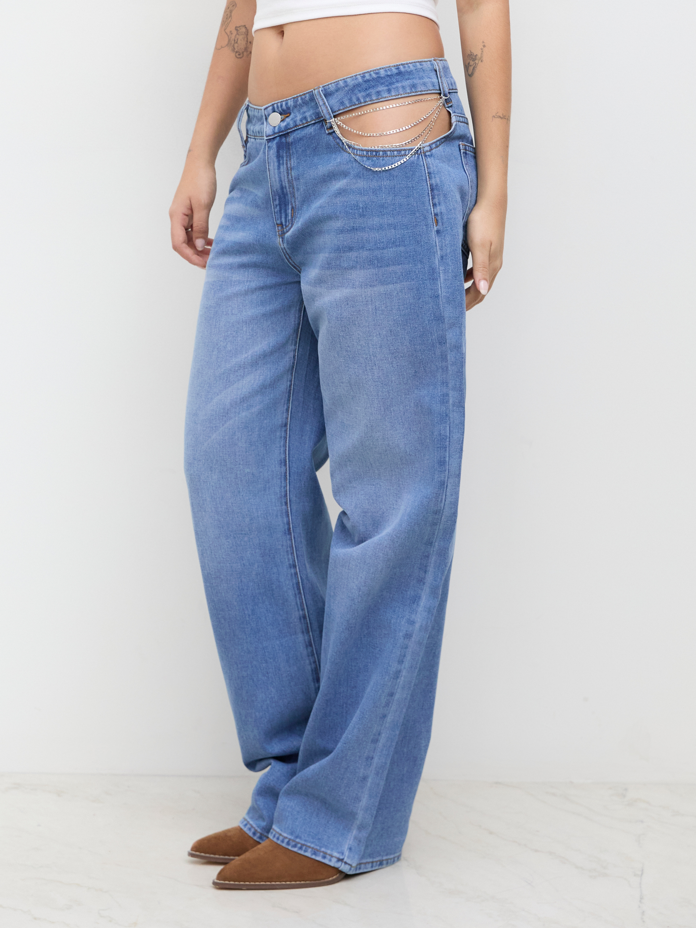 Cider Denim Low Rise Cut Out Chain Detail Wide Leg Jeans