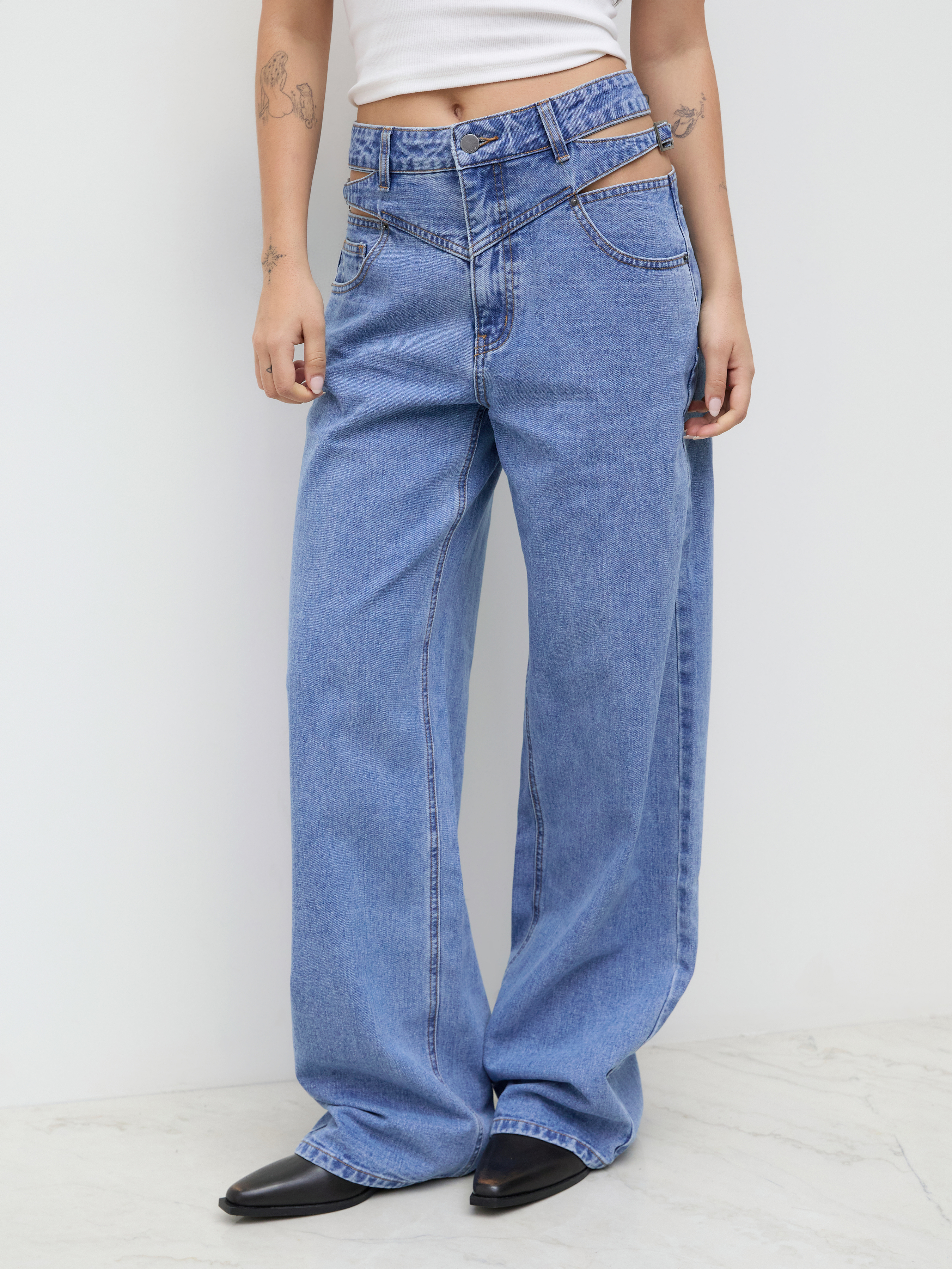 Denim Mid Rise Cut Out Straight Leg Jeans