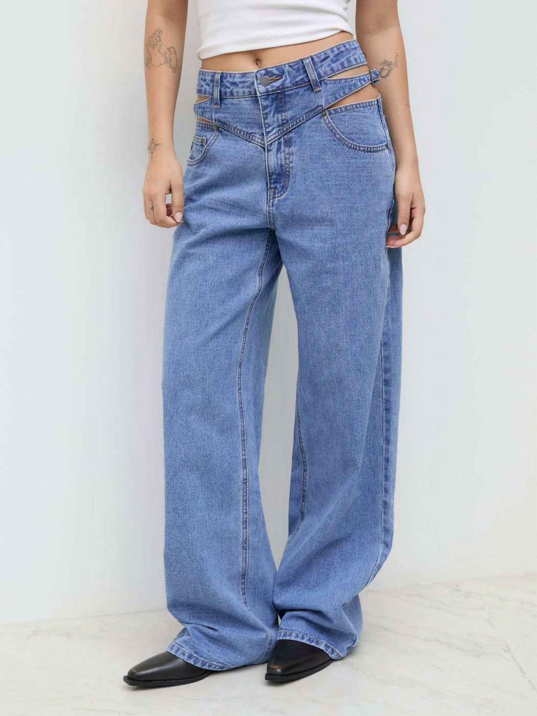 Denim Mid Rise Cut Out Straight Leg Jeans