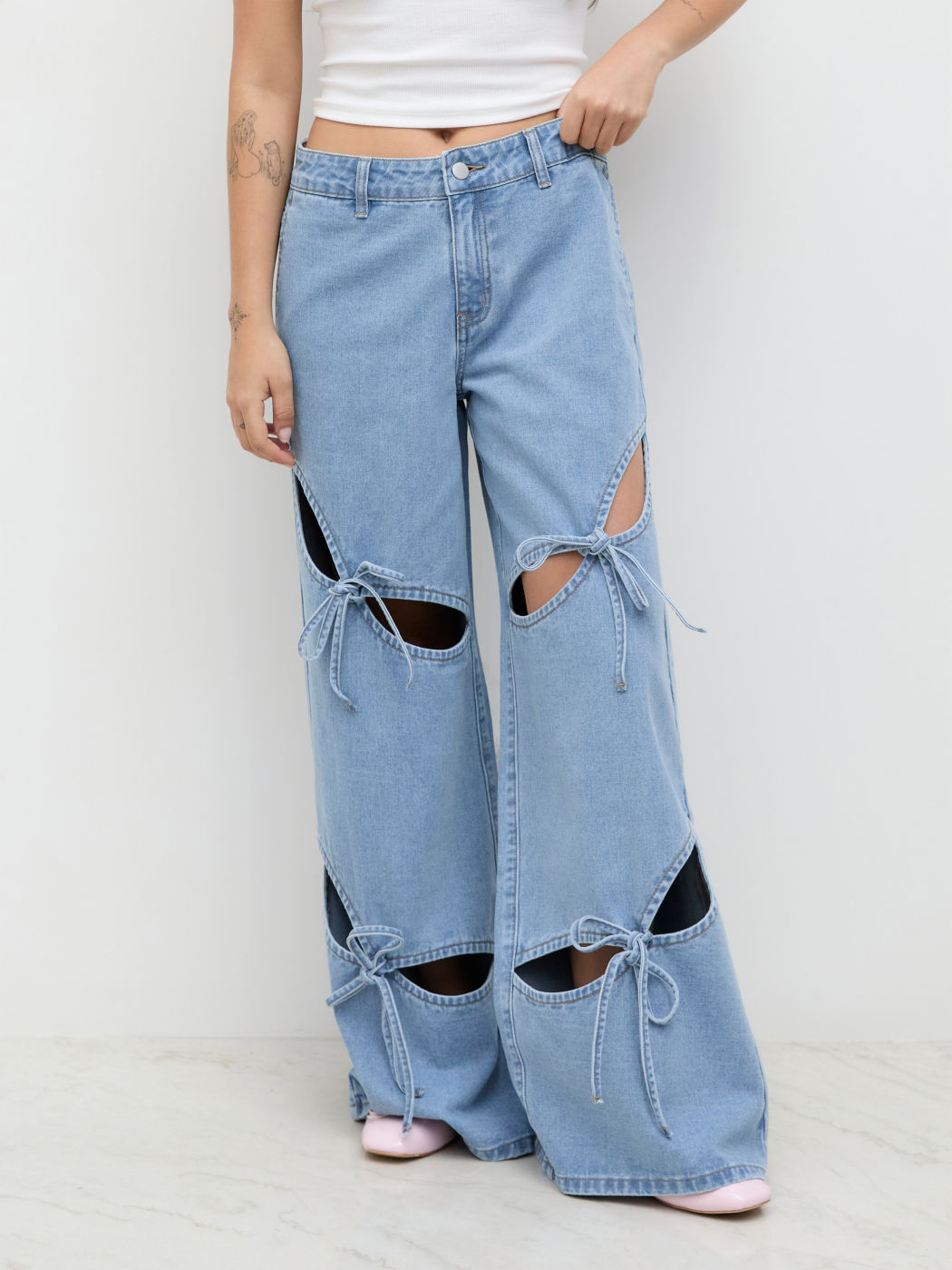 Cider Denim Low Rise Cut Out Bowknot Wide Leg Jeans
