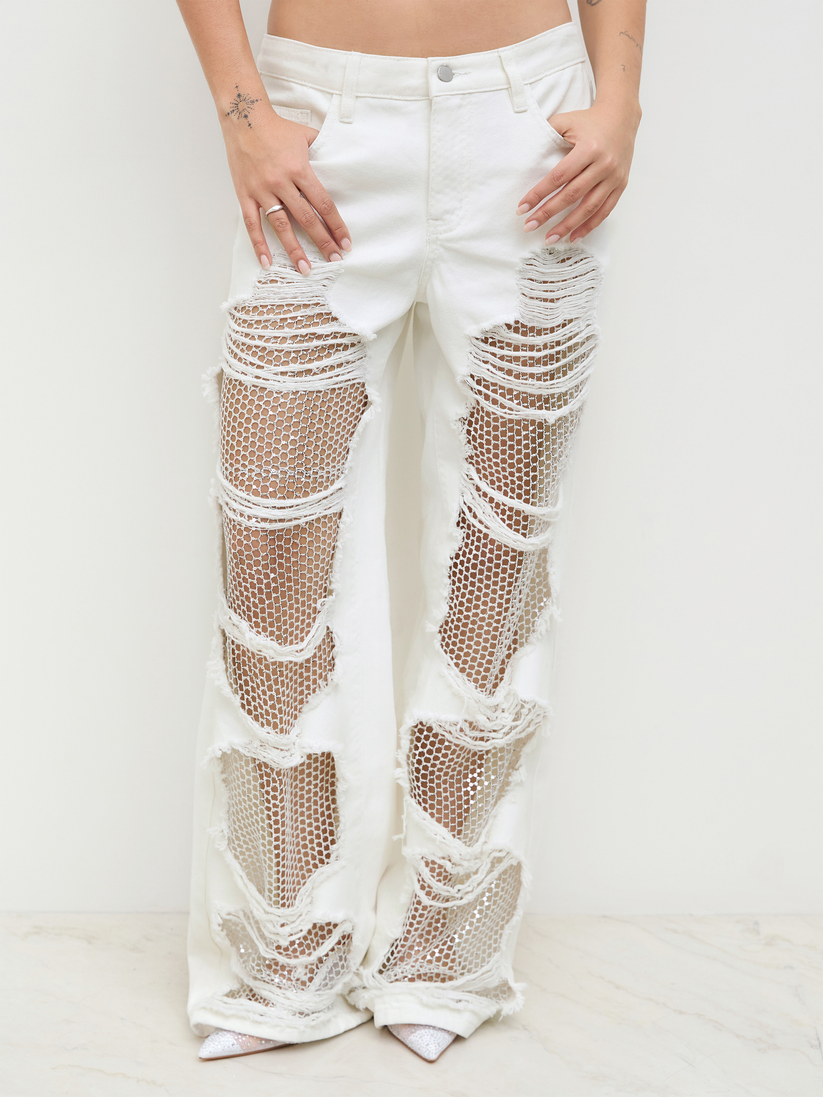 Denim Denim Low Rise Ripped Hollow Out See-through Wide Leg Jeans For Music Festival/Live House