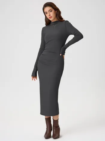 Hochgeschlossenes Unifarbenes Gerafftes Midikleid