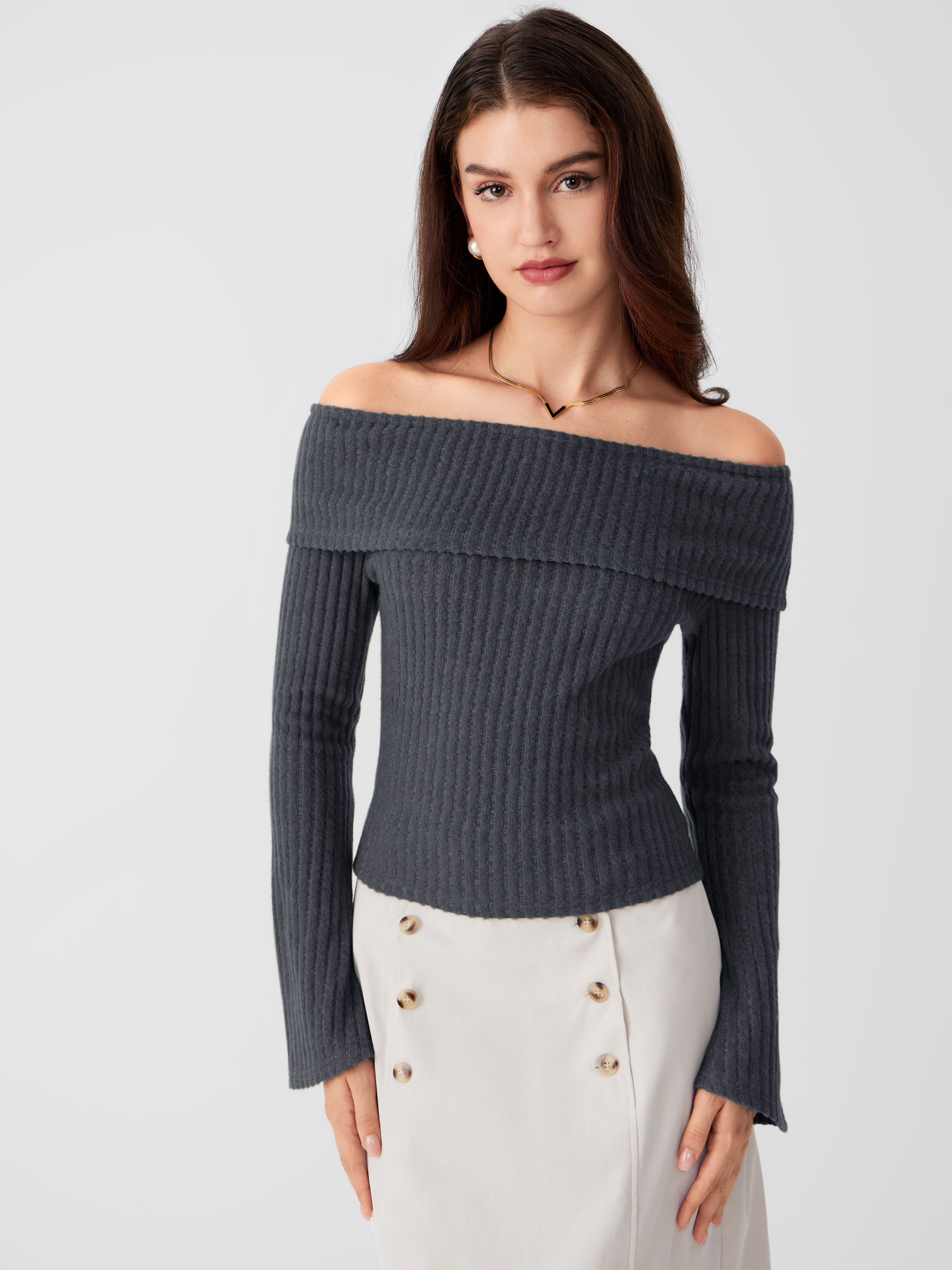 beeden OFF SHOULDER SIDE ZIP TOPS グレー Biezeib Women's Long Sleeve Tops Tight Fitted One Off