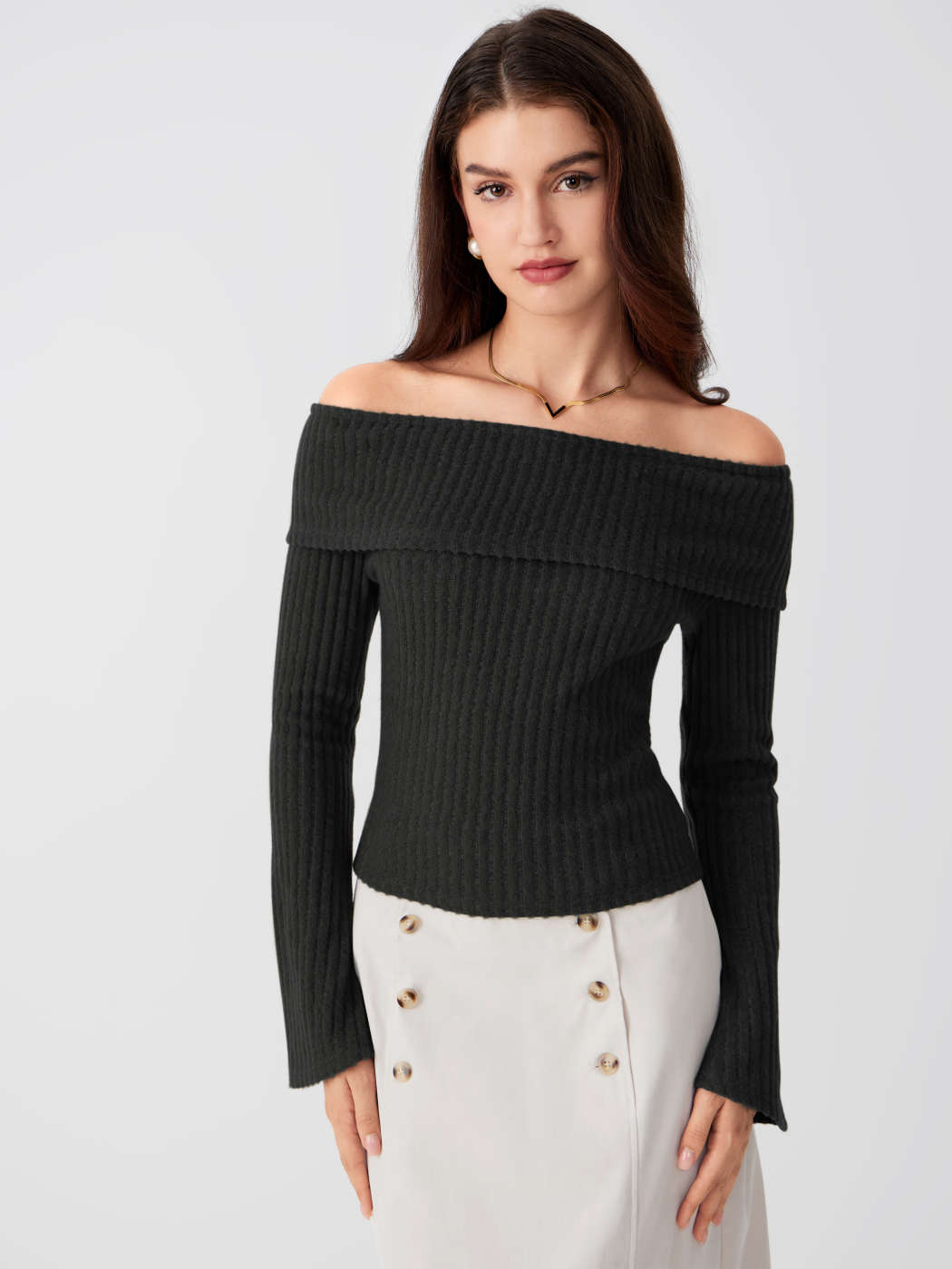 City Chic Knit Fabric Off-shoulder Solid Long Sleeve Top For Daily Casual Coffee Shop Work