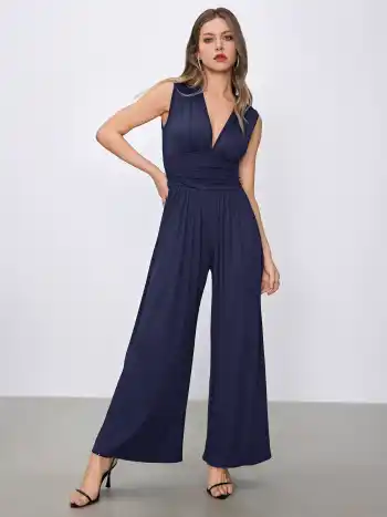 V-neck Ruched Solid Wide Leg Jumpsuit