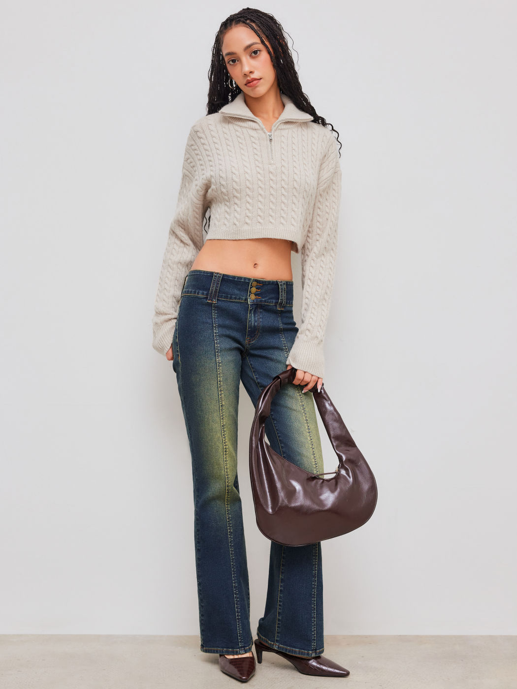 Cable Knit Half Zip Crop Top