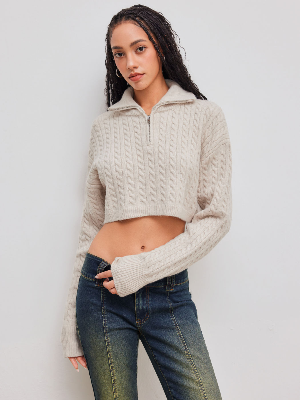 Cable Knit Half Zip Crop Top