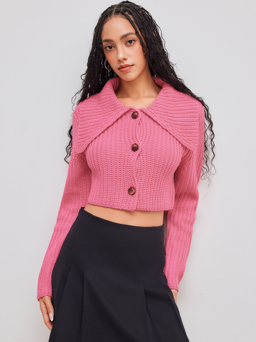 Cable Knit Collar Cropped Cardigan