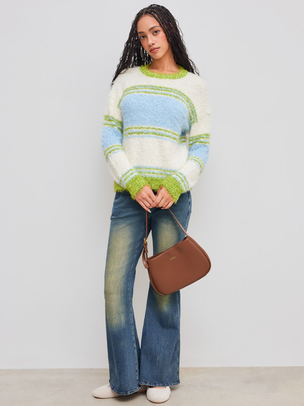 Knit Round Neckline Stripe Long Sleeve Top