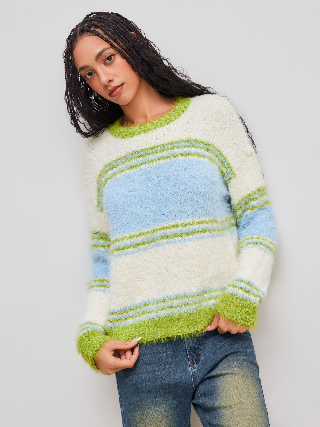 Knit Round Neckline Stripe Long Sleeve Top