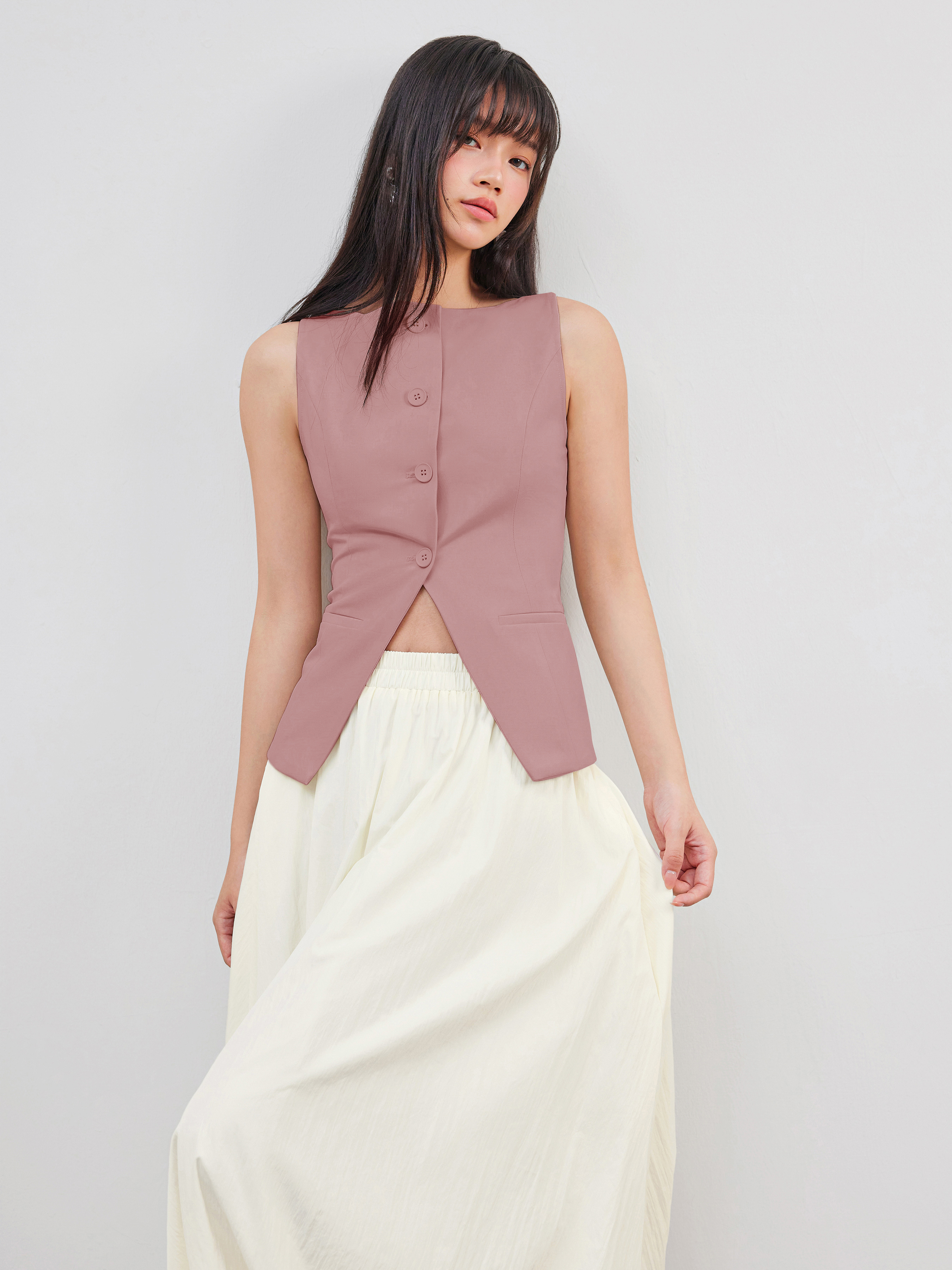 Vest Women Woven Woven Boat Neck Solid Button Vest For Work