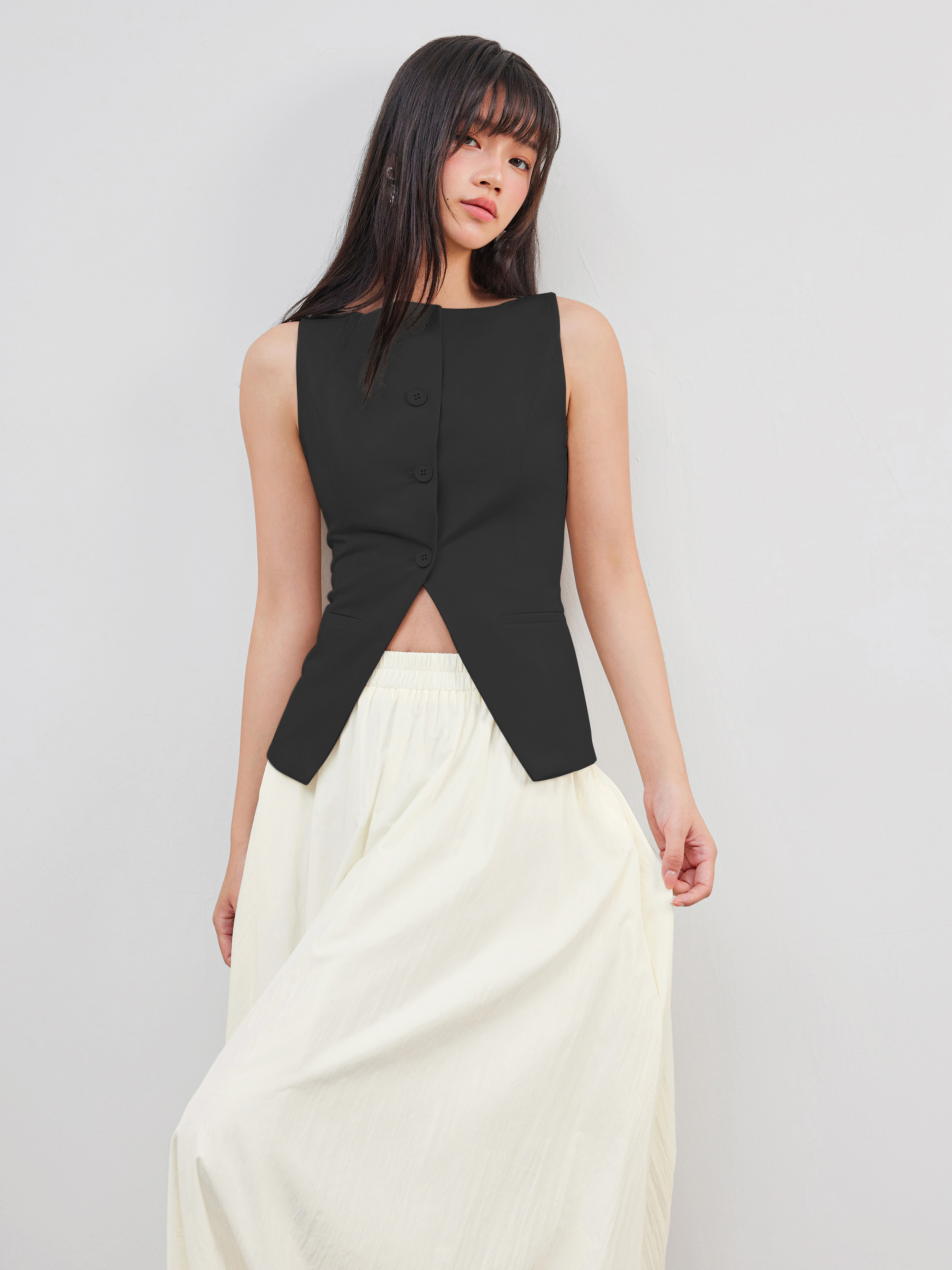 Vest Women Lined Vest Old Money Summer Style Woven Woven Boat Neck Solid Button Vest For Work