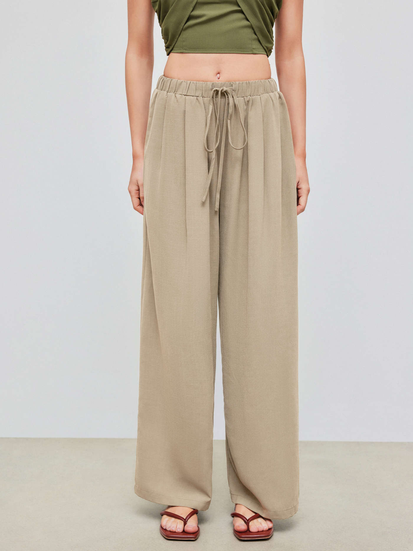 Woven Drawstring Pull-On Wide Leg Pant  For Daily Casual