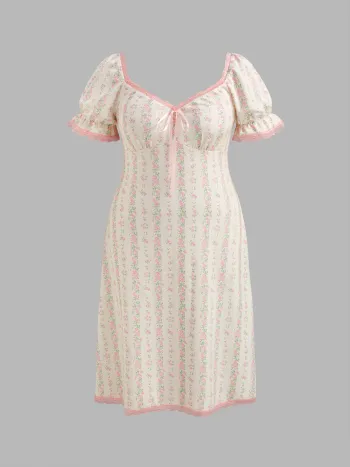 Square Neck Strawberry Graphic Contrasting Lace Trim Midi Dress Curve & Plus