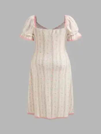 Square Neck Strawberry Graphic Contrasting Lace Trim Midi Dress Curve & Plus