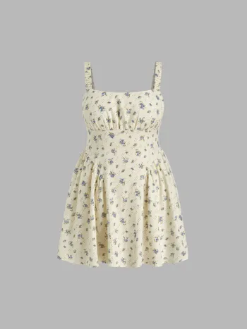 Cotton Square Neck Ditsy Floral Ruched Mini Dress Curve & Plus