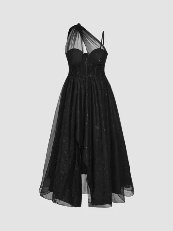Robe longue en corset scintillant à col asymétrique en maille Curve & Plus